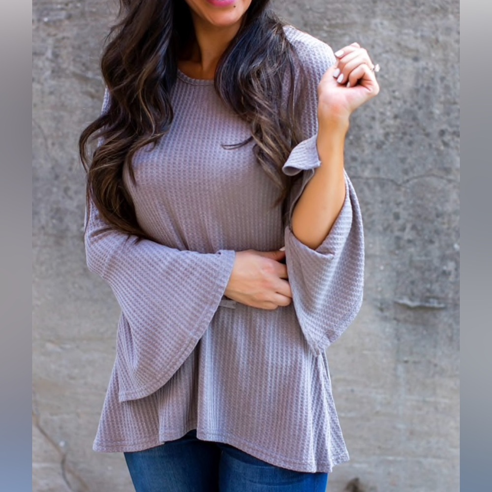 Taupe Gray Thermal Waffle Flare Bell Sleeve Top